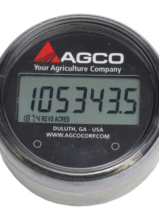 Digital display meter for AGCO | Acre Meter - Sn18833 showing "105343.5" with "AGCO Your Agriculture Company" branding, located in "DULUTH, GA - USA," and the website "www.agcocorp.com." No product description available.