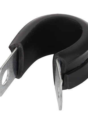 The AGCO Clamp - La320764050 is a metal clamp with a black rubber coating, featuring two mounting holes on either end. There is currently no retail product description available.