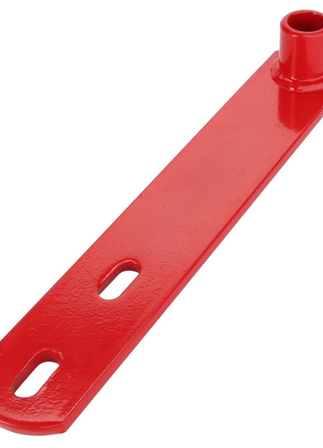 The AGCO Lever - Fel150127 is a red, elongated metal tool featuring a cylindrical end and two oval-shaped holes.