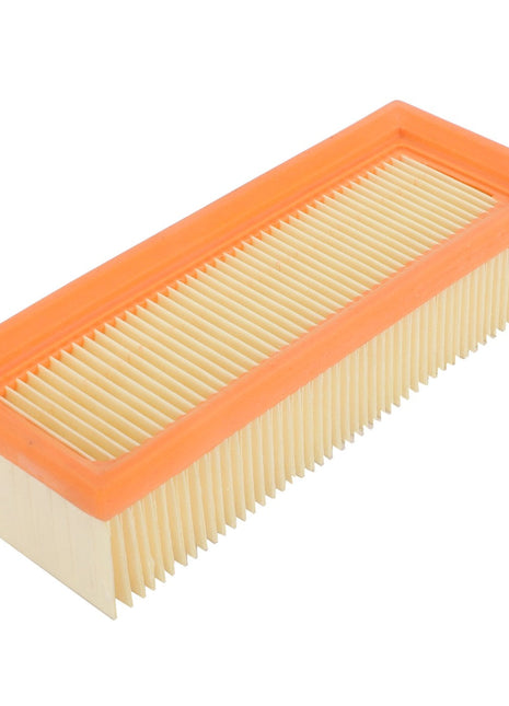 The AGCO | Cab Filter Cartridge - Acp0403850, a rectangular cabin filter with an orange frame and densely packed white pleats, ensures optimal airflow while trapping contaminants.