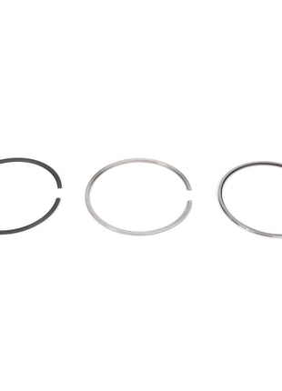 Three piston rings from the AGCO Piston Ring Kit (F339202310170) are displayed on a white background, arranged in a horizontal line. The Genuine AGCO Piston Rings vary in color and texture, ensuring consistent pressure and proper lubrication in your engine.