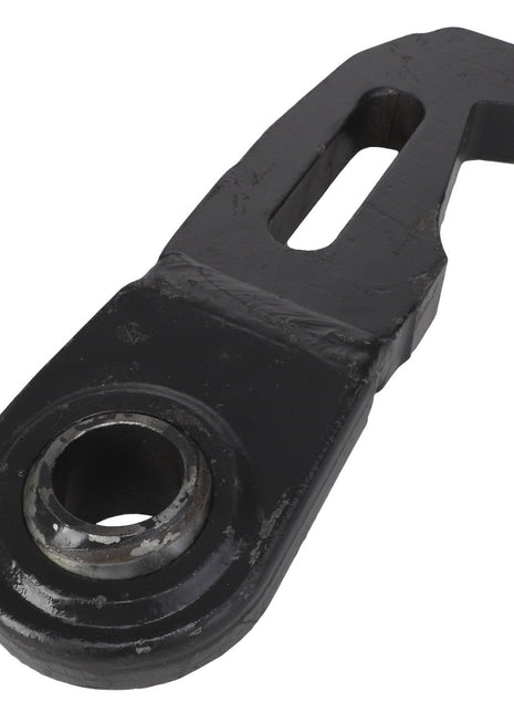 A black metal actuator lever, identified as AGCO | Ball End, Left Hand, Lower Link - F716872060020, features a circular hole at one end and a rectangular slot in the middle, designed for compatibility with hitch and linkage components.