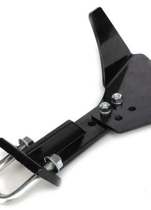 A durable black metal AGCO Scraper (Acp0016840) agricultural soil ripper attachment, complete with two bolts and a U-shaped connecting bracket.