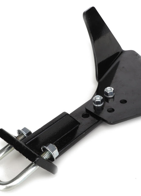 A durable black metal AGCO Scraper (Acp0016840) agricultural soil ripper attachment, complete with two bolts and a U-shaped connecting bracket.