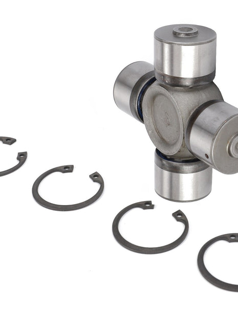 The AGCO Cross Piece, Spider - F718301020560, featuring four bearing caps and four retaining clips for extended durability, is displayed against a white background.