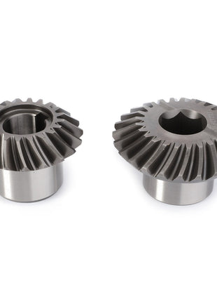 Two metal bevel gears of different sizes are placed side by side on a white background, showcasing the consistent quality and durability of the AGCO | Bevel Gear Kit - Fel140519 from the AGCO brand.