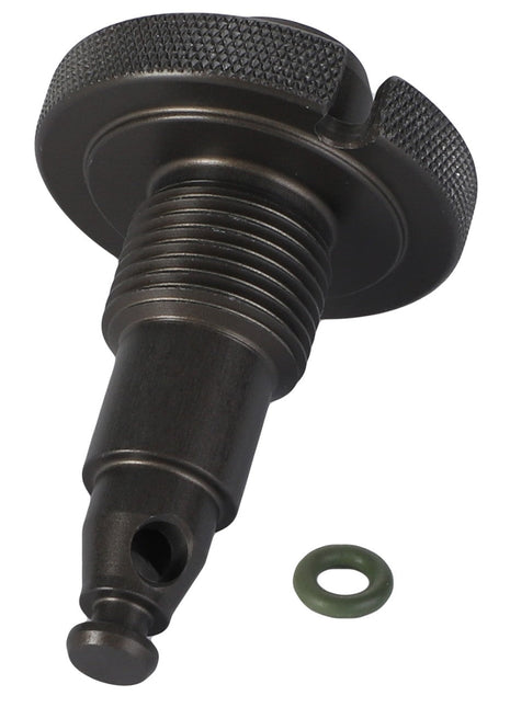 The AGCO Drain Plug - F530200710470, a black cylindrical mechanical component featuring a threaded body and a knurled top, is positioned near a small green O-ring, although no further product description details are available.