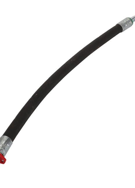 The AGCO Hydraulic Hose - Acx2841810, a flexible black hose with metal connectors on both ends—one straight and one slightly bent—showcases high performance and abrasion-resistant capabilities against a plain white background.