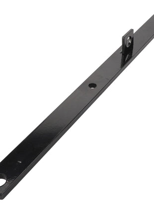 The AGCO | STAY - AL246759 by AGCO is a black metal bar featuring two circular holes at each end and a small perpendicular bracket with a central hole near one end. Specific use information is not provided.