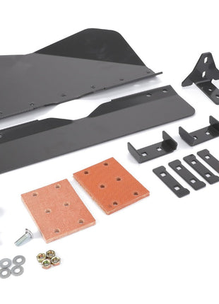 An AGCO Grain Tank Filling Auger Cover (model Acw5794340) is laid out on a white background along with an assortment of metal brackets, screws, washers, bolts, and orange rectangular pads. No relevant information is available regarding additional accessories.