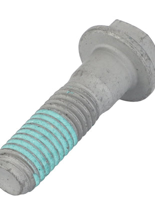 Close-up of the AGCO Bolt - Acw5325950, a gray metal bolt featuring a hexagonal head and blue threadlocker applied to its threads.