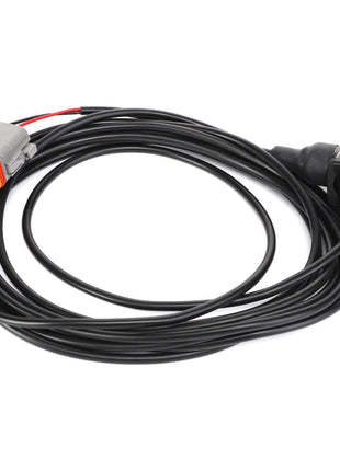 The AGCO | HARNESS - AL5102206 is a coiled black electrical cable with a gray and orange connector on one end and a black rectangular connector on the other. Currently, no product description information is available.