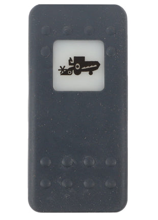 The AGCO SWITCH - D45050031 by AGCO is a black rubber button featuring raised dots and a white rectangle in the center, displaying an icon of a combine harvester in black. No current product description information is available.