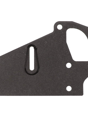 AGCO | Gasket - V836338526: A grey gasket featuring multiple holes and a triangular cutout on the side, ideal for machinery or automotive applications.
