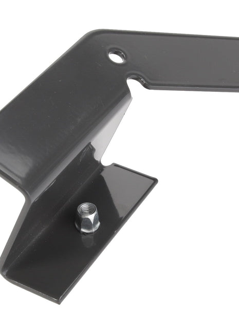 The AGCO Bracket - Acw1850260 is a black metal bracket featuring a protruding nut and two holes on the top corners for easy mounting.