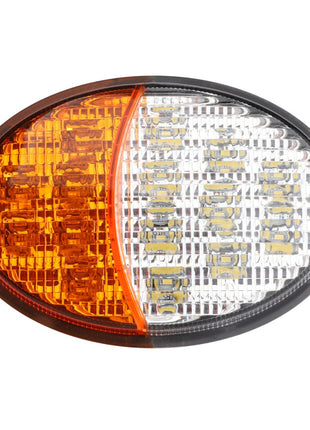 The AGCO Combination Light, Front (Acw134184B) is an oval vehicle light featuring a half orange and half clear lens with multiple LEDs for enhanced illumination. Ideal for tractors, this light meets AGCO Genuine Headlights standards.