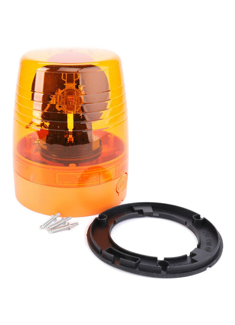 An AGCO Rotating Beacon, 12V (D44900990), featuring an orange light and a black mounting base with screws included, ensures optimal illumination for enhanced tractor safety.