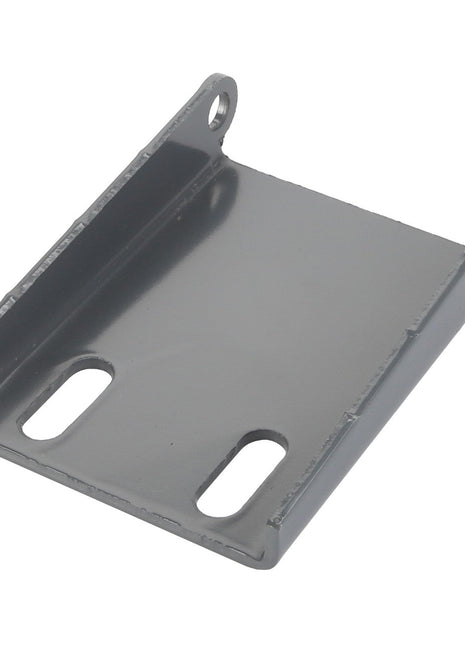 Introducing the AGCO | HINGE - D28788308 by AGCO, a durable metal mounting bracket featuring two circular holes on one end and two elongated slots on its flat surface, perfect for securing various components.