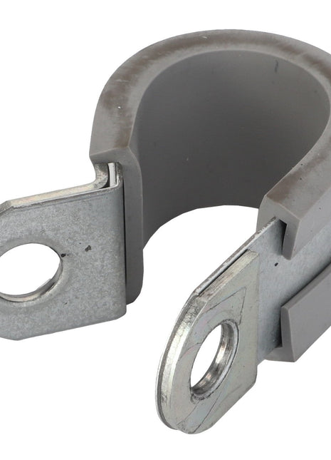 The AGCO PIPE CLAMP - F836200090090, by AGCO, is a sleek grey and silver clamp featuring a durable rubber lining and two screw holes for easy mounting.