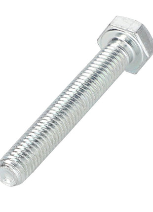 A close-up image of the AGCO | Hexagonal Head Bolt - La15212721 from AGCO, featuring a threaded shaft, hexagonal head, and a shiny silver finish made of metallic material.