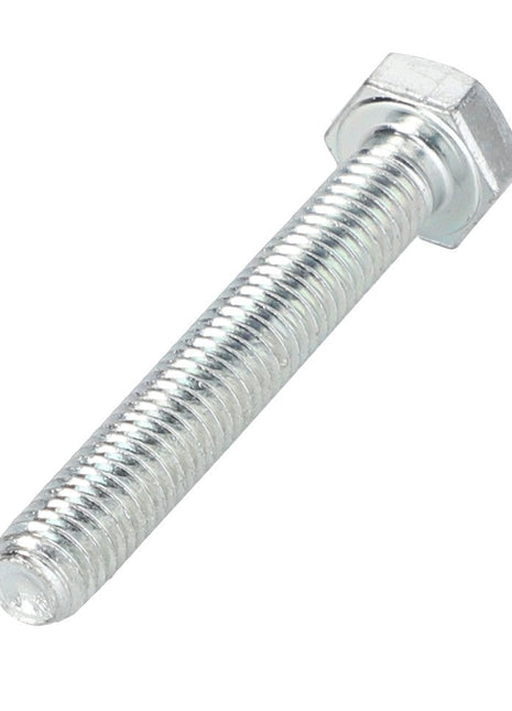 A close-up image of the AGCO | Hexagonal Head Bolt - La15212721 from AGCO, featuring a threaded shaft, hexagonal head, and a shiny silver finish made of metallic material.