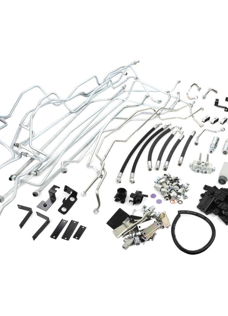 A collection of various automotive parts, including metal pipes, hoses, bolts, brackets, and other components arranged on a white background. This is the AGCO Hydraulic Kit - Acp0634080 by AGCO. No product description available.