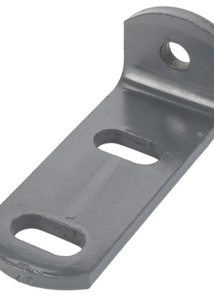 The AGCO Bracket - D28885342 is a gray metal bracket featuring three holes: one circular hole on a vertical plane and two elongated holes on a horizontal plane. Currently, no additional product description information is available.