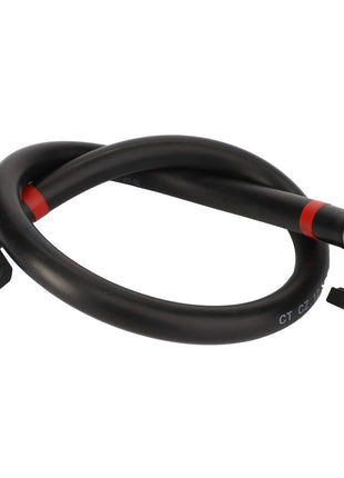 The AGCO Fuel Supply Hose - Acw4655410 is a coiled black hose featuring blue and black connectors on each end, metal fittings, and a red band near one end. Currently, no further product description information is available.