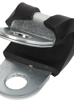 The AGCO Clamp - Acw1135420 is a metal-and-rubber cable clamp featuring a circular hole at one end and a cushioned grip for securing cables at the other.