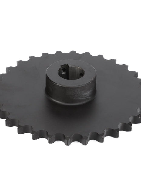 The AGCO Sprocket, Grain Elevator Transmission - D28585107 is a metal gear featuring a central hub and evenly spaced teeth around its perimeter, meticulously designed to meet precise technical specifications for optimal performance.