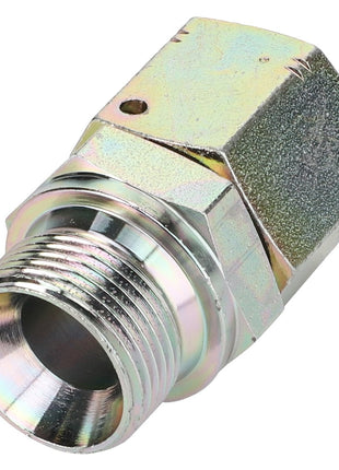 The AGCO | ADAPTER - AL5027465 from AGCO is a metallic adapter featuring a hexagonal shape and threaded connectors at each end, ensuring seamless connectivity.