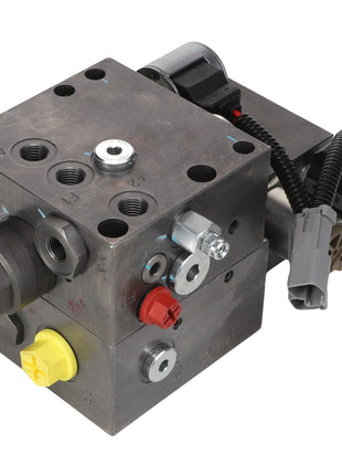 Close-up of the AGCO Brake Valve - Acw1990440 hydraulic valve manifold, featuring multiple ports and fittings with various connectors and hoses attached. No current product description is available.