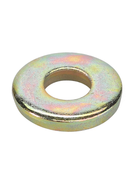 A single AGCO | Disc - Fel116118 washer with a central hole, showcasing a captivating rainbow-like finish on a pristine white background.