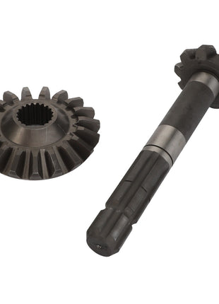 Two components from the AGCO | Kit, Wheel - Fel151377 by AGCO are positioned on a white background; one has a cylindrical shape with gear teeth at one end, while the other is a ring gear featuring both internal and external teeth.
