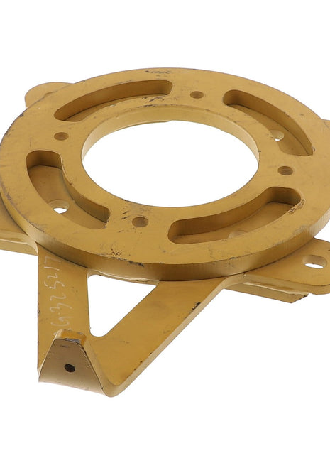 The AGCO MOUNTING BRACKET - AG325217, a metal circular component in yellow color featuring cutouts and multiple bolting holes, is commonly used in machinery. It has a triangular extension with a hole that shows wear and slight discoloration. Note: No current product description is available for this specific part.