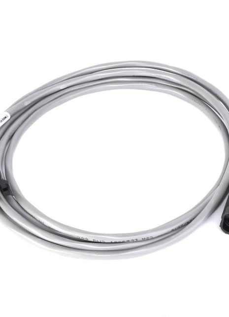 The AGCO EXTENSION - AG334963 is a coiled gray electrical cable featuring connectors on both ends; it has a green and black two-pin connector on one side and a black three-pin connector on the other. Currently, no product description information is available for this item.