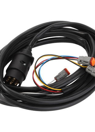 Image of the AGCO | CABLE - AL60007280 product featuring a coiled black electrical cable with three connectors, each having multiple colored wires extending from one end.