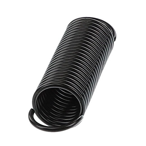 The AGCO Tension Spring - Acp0621470, a tightly coiled black metal spring with looped ends, rests horizontally on a stark white background.