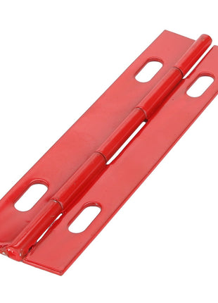 The AGCO HINGE - D28980772 is a red strap hinge featuring two rectangular plates with four oval screw holes, designed specifically for door attachment.