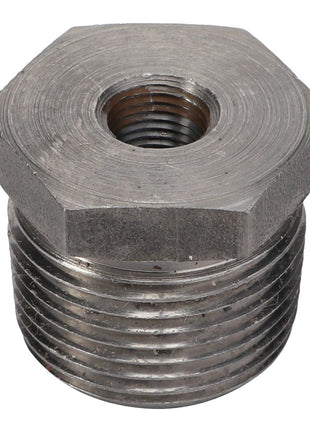 The AGCO | Reducer Bush - 803783 is a sturdy, hexagonal metal fitting that features threaded exterior and interior openings, making it ideal for plumbing or mechanical connections.
