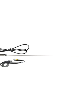 The AGCO | RADIO ANTENNA - AG524340 is a long, thin metal antenna with a coil and a connecting cable, accompanied by a black mounting bracket with screws.