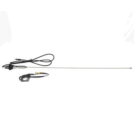 The AGCO | RADIO ANTENNA - AG524340 is a long, thin metal antenna with a coil and a connecting cable, accompanied by a black mounting bracket with screws.