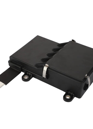 The AGCO Fuse Box - Acw380606A is a compact black electronic device equipped with a metal bracket and multiple ports, designed for electrical or data connections.