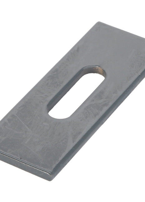 The AGCO | BRACKET - D28480396 is a rectangular metallic plate featuring a central elongated hole for versatile applications.