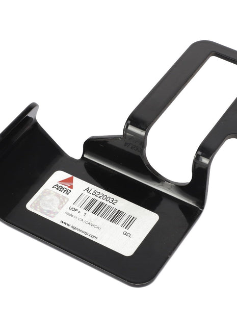A black metal bracket with a rectangular cutout and a label displaying "AGCO | PLATE - AL5220032," "APCOPARTS.COM," and other essential information.