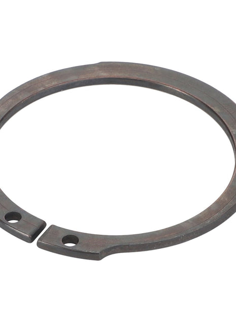 A close-up of the AGCO LOCK WASHER - F743300020470, featuring two precision-cut holes at each end, meticulously designed for securing components on a shaft or within a bore.