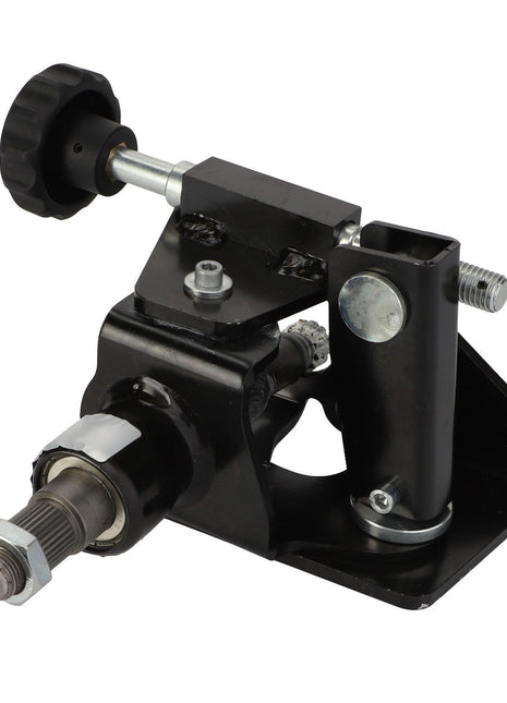 A close-up image of the AGCO Steering Column - Acp0678500, a black mechanical component featuring a knob, various screws and bolts, as well as an attached cylindrical part. No description available at this time.