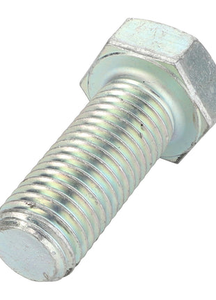 Close-up of a shiny AGCO hex bolt, model D46150598, featuring a finely threaded metal shaft and a smooth flat tip.