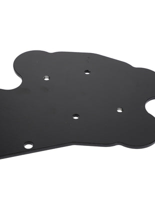 The AGCO | BRACKET - AL5034236 is a sleek black, flat metal plate with a contoured edge and multiple holes, specifically designed for precise mounting or support in various mechanical assemblies.