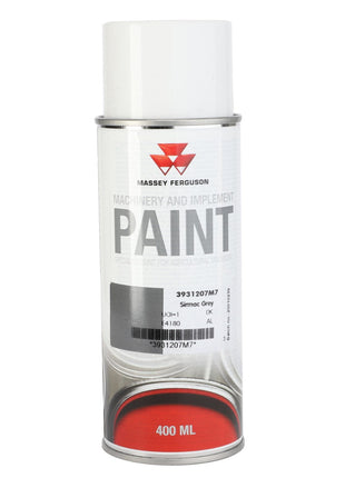 A 400 ml can of AGCO Mf Sirmac Grey Aerosol - 3931207M7. Ideal for metal surfaces, this touch-up aerosol paint is quick-drying. The can features a red Massey Ferguson logo and label details.